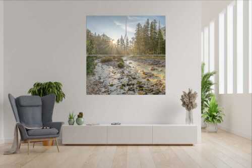 Die Nebelstimmung mit den ersten Sonnenstrahlen verleihen einen ganz besonderen Flair - Isarursprung I - 4er Split, Größe ca. 180x180cm, Seitenverhältnis 1:1 - Isarquelle im Karwendelgebirge - weitere Infos unter https://www.kriner-weiermann.de