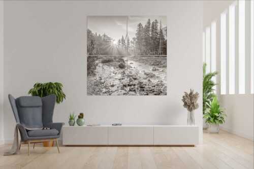 Die Nebelstimmung mit den ersten Sonnenstrahlen verleihen einen ganz besonderen Flair - Isarursprung I - 4er Split, Größe ca. 180x180cm, Seitenverhältnis 1:1 - Isarquelle im Karwendelgebirge - weitere Infos unter https://www.kriner-weiermann.de