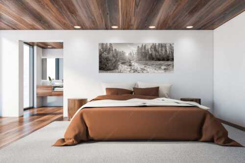 Die Nebelstimmung mit den ersten Sonnenstrahlen verleihen einen ganz besonderen Flair - Isarursprung I - Größe ca. 200x80cm, Seitenverhältnis 2,5:1 - Isarquelle im Karwendelgebirge - weitere Infos unter https://www.kriner-weiermann.de