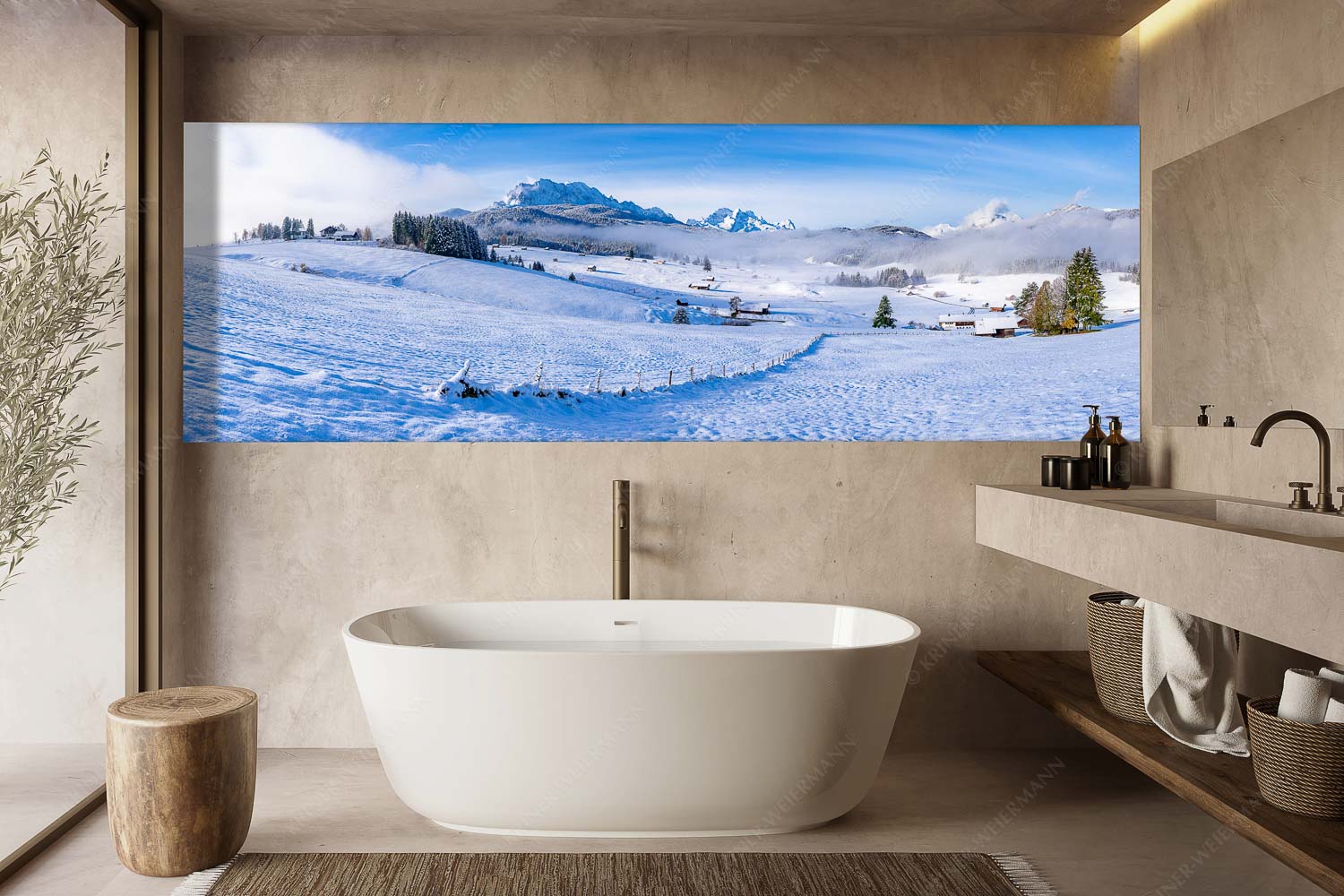 Jetz is er da – Größe ca. 300x100cm, Seitenverhältnis 3:1 — Winterlandschaft Werdenfels mit Wetterstein Blick am Tonihof vorbei zum Wetterstein- und Estergebirge - Jetz is er da - Größe ca. 300x100cm, Seitenverhältnis 3:1 - Winterlandschaft Werdenfels mit Wetterstein - weitere Infos unter https://www.kriner-weiermann.de