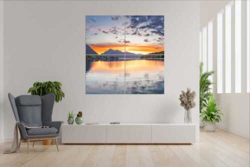 Blick über den Walchensee zum Sonnenaufgang am Jochberg - Jochberg Erwachen - 4er Split, Größe ca. 180x180cm, Seitenverhältnis 1:1 - Walchensee - weitere Infos unter https://www.kriner-weiermann.de