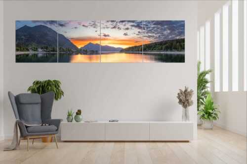 Blick über den Walchensee zum Sonnenaufgang am Jochberg - Jochberg Erwachen - 4er Split, Größe ca. 280x70cm, Seitenverhältnis 4:1 - Walchensee - weitere Infos unter https://www.kriner-weiermann.de