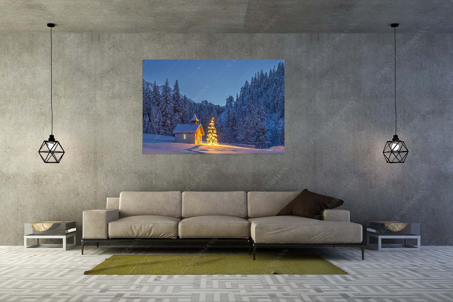 Kapelle Elmau – Wandbild – Größe ca. 180x120cm, Seitenverhältnis 3:2 — Christbaum im Schnee Weihnachtliche Kapelle in Elmau mit Wettersteingebirge - Kapelle Elmau - Wandbild - Größe ca. 180x120cm, Seitenverhältnis 3:2 - Christbaum im Schnee - weitere Infos unter https://www.kriner-weiermann.de