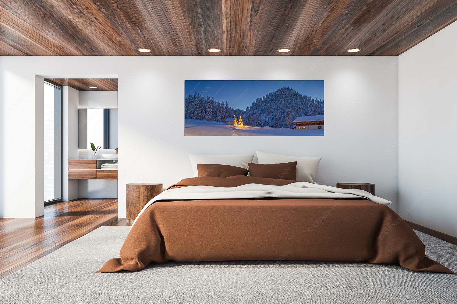 Kapelle Elmau – Wandbild – Größe ca. 200x80cm, Seitenverhältnis 2,5:1 — Christbaum im Schnee Weihnachtliche Kapelle in Elmau mit Wettersteingebirge - Kapelle Elmau - Wandbild - Größe ca. 200x80cm, Seitenverhältnis 2,5:1 - Christbaum im Schnee - weitere Infos unter https://www.kriner-weiermann.de