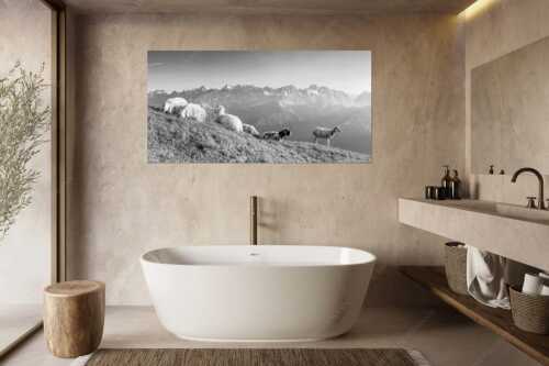 Bergschafe auf dem Schafreiter mit Blick zum Karwendelhauptkamm - Karwendelprominenz II - Größe ca. 180x90cm, Seitenverhältnis 2:1 - Schafe im Karwendel - weitere Infos unter https://www.kriner-weiermann.de