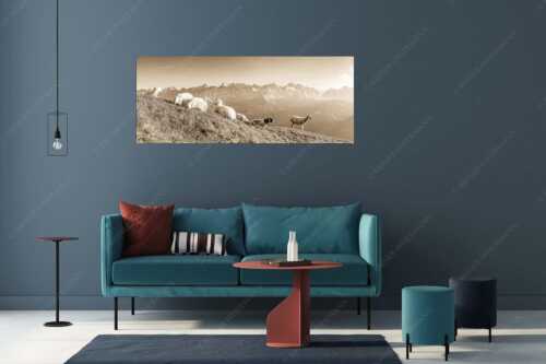Bergschafe auf dem Schafreiter mit Blick zum Karwendelhauptkamm - Karwendelprominenz II - Größe ca. 175x70cm, Seitenverhältnis 2,5:1 - Schafe im Karwendel - weitere Infos unter https://www.kriner-weiermann.de