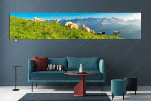 Bergschafe auf dem Schafreiter mit Blick zum Karwendelhauptkamm - Karwendelprominenz II - Größe ca. 350x70cm, Seitenverhältnis 5:1 - Schafe im Karwendel - weitere Infos unter https://www.kriner-weiermann.de