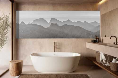 Blick auf das westliche Karwendel bei Sonnenaufgang - Karwendelseite - Größe ca. 300x100cm, Seitenverhältnis 3:1 - Karwendelgipfel Sonnenaufgang - weitere Infos unter https://www.kriner-weiermann.de