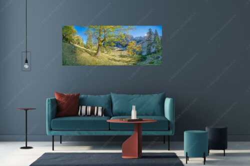 Letzte Sonne im Oberreintal im Wetterstein - Keiner mehr da! - Wandbild - Größe ca. 175x70cm, Seitenverhältnis 2,5:1 - Herbst Ahorn mit Oberreintalhütte - weitere Infos unter https://www.kriner-weiermann.de