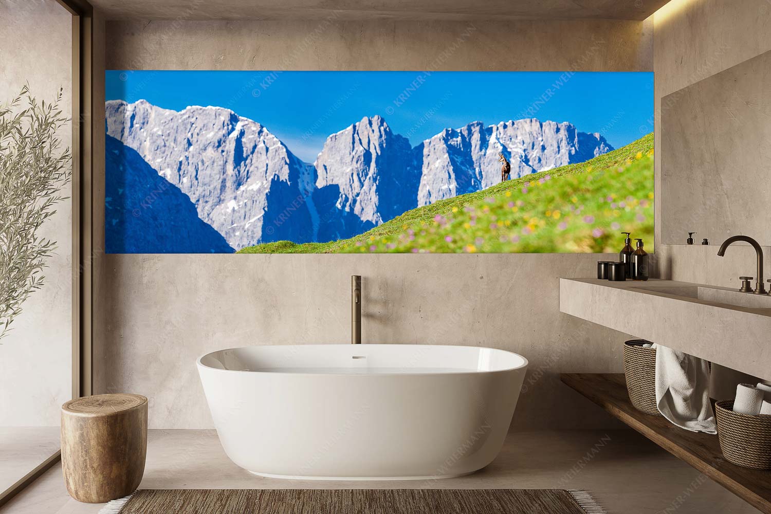 Kimmbebba – Größe ca. 300x100cm, Seitenverhältnis 3:1 — Gams im Karwendel Gams auf Frühlingswiese mit Dreizinkenspitze im Karwendelgebirge - Kimmbebba - Größe ca. 300x100cm, Seitenverhältnis 3:1 - Gams im Karwendel - weitere Infos unter https://www.kriner-weiermann.de