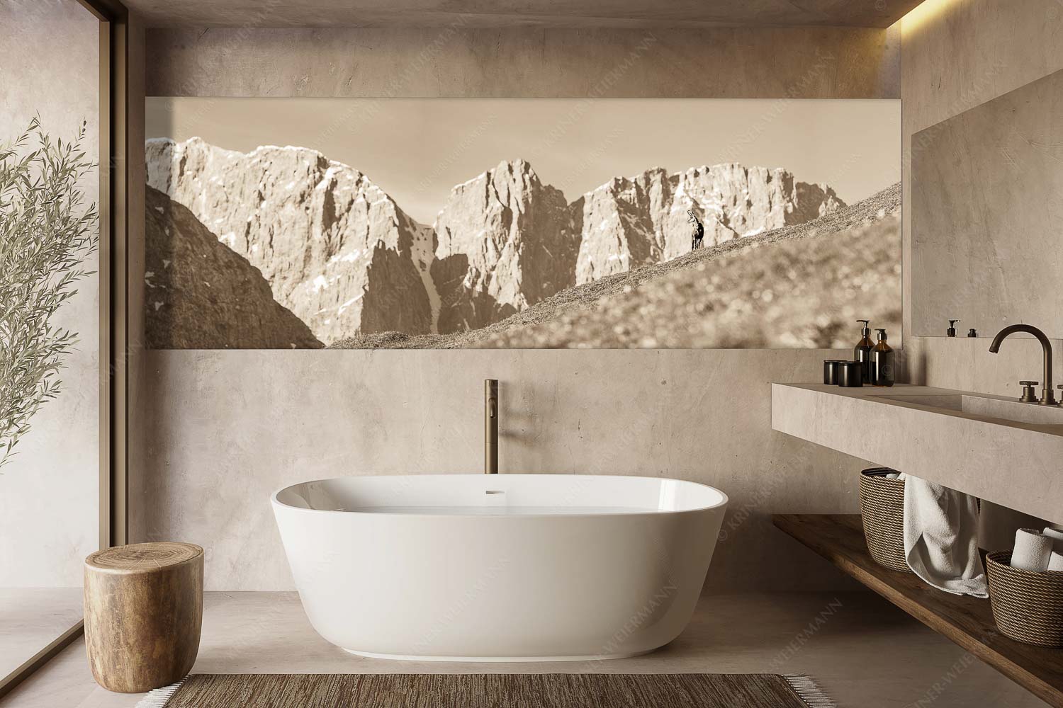 Kimmbebba – Größe ca. 300x100cm, Seitenverhältnis 3:1 — Gams im Karwendel Gams auf Frühlingswiese mit Dreizinkenspitze im Karwendelgebirge - Kimmbebba - Größe ca. 300x100cm, Seitenverhältnis 3:1 - Gams im Karwendel - weitere Infos unter https://www.kriner-weiermann.de