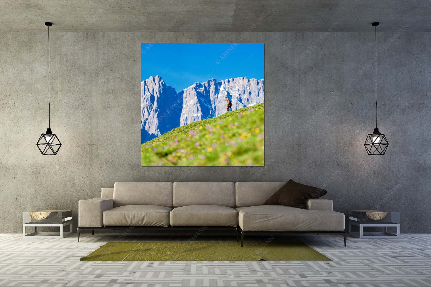 Kimmbebba – Größe ca. 160x160cm, Seitenverhältnis 1:1 — Gams im Karwendel Gams auf Frühlingswiese mit Dreizinkenspitze im Karwendelgebirge - Kimmbebba - Größe ca. 160x160cm, Seitenverhältnis 1:1 - Gams im Karwendel - weitere Infos unter https://www.kriner-weiermann.de