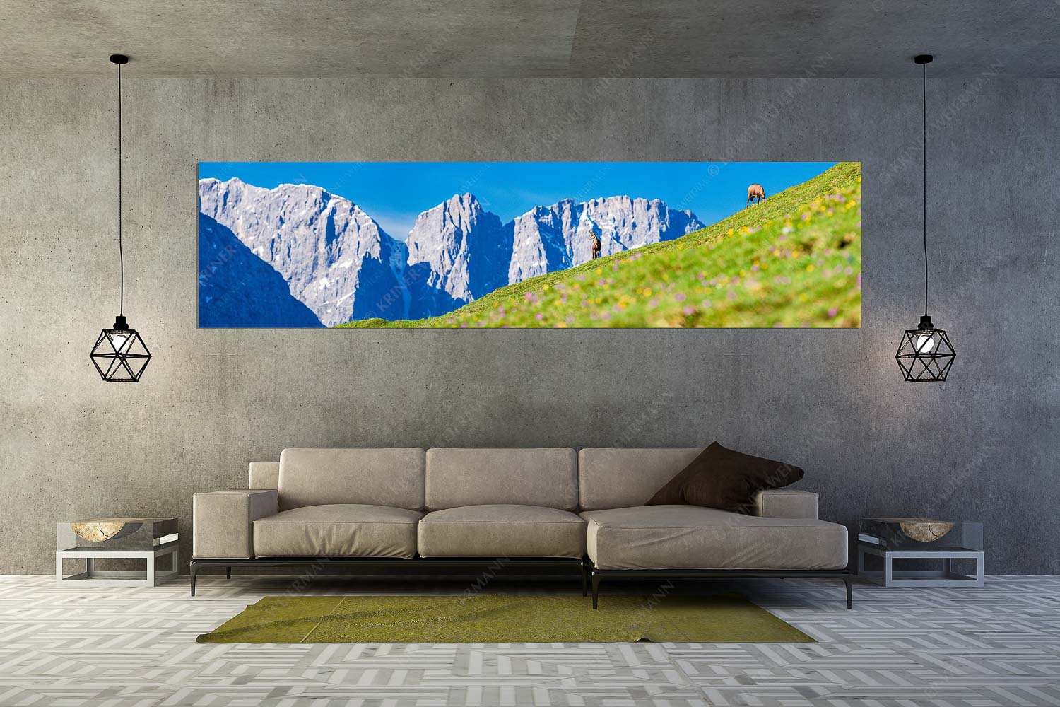 Kimmbebba – Größe ca. 320x80cm, Seitenverhältnis 4:1 — Gams im Karwendel Gams auf Frühlingswiese mit Dreizinkenspitze im Karwendelgebirge - Kimmbebba - Größe ca. 320x80cm, Seitenverhältnis 4:1 - Gams im Karwendel - weitere Infos unter https://www.kriner-weiermann.de