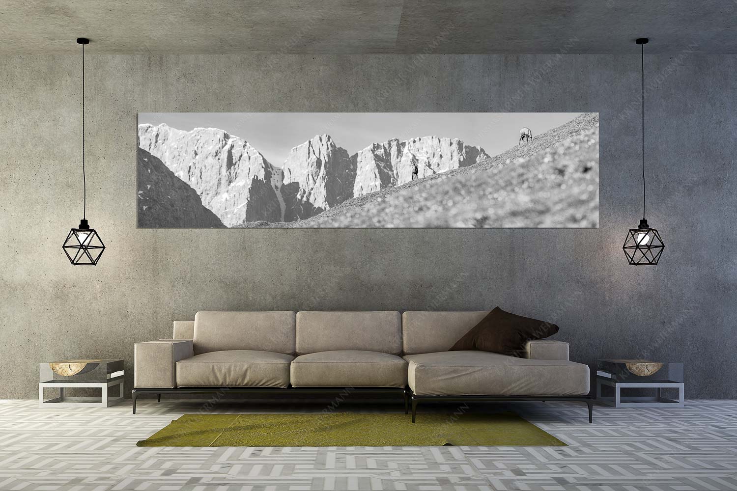 Kimmbebba – Größe ca. 320x80cm, Seitenverhältnis 4:1 — Gams im Karwendel Gams auf Frühlingswiese mit Dreizinkenspitze im Karwendelgebirge - Kimmbebba - Größe ca. 320x80cm, Seitenverhältnis 4:1 - Gams im Karwendel - weitere Infos unter https://www.kriner-weiermann.de