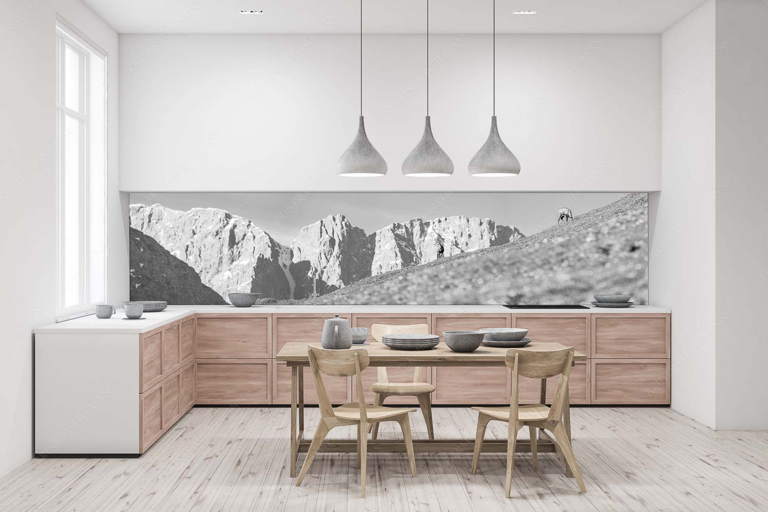 Kimmbebba – Größe ca. 400x100cm, Seitenverhältnis 4:1 — Gams im Karwendel Gams auf Frühlingswiese mit Dreizinkenspitze im Karwendelgebirge - Kimmbebba - Größe ca. 400x100cm, Seitenverhältnis 4:1 - Gams im Karwendel - weitere Infos unter https://www.kriner-weiermann.de