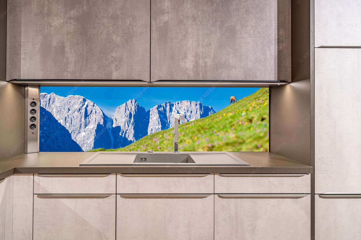 Kimmbebba – Größe ca. 200x50cm, Seitenverhältnis ca: 4:1 — Gams im Karwendel Gams auf Frühlingswiese mit Dreizinkenspitze im Karwendelgebirge - Kimmbebba - Größe ca. 200x50cm, Seitenverhältnis ca: 4:1 - Gams im Karwendel - weitere Infos unter https://www.kriner-weiermann.de