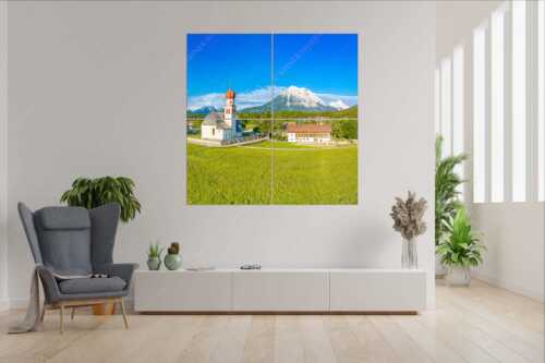 Blick über die Ortschaft Kirchplatzl in der Leutasch zur Hohen Munde - Kirchplatzl - 4er Split, Größe ca. 180x180cm, Seitenverhältnis 1:1 - Leutasch und Hohen Munde - weitere Infos unter https://www.kriner-weiermann.de