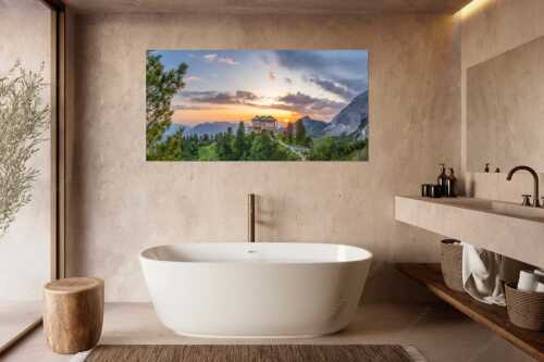 Nur an den längsten Tagen sieht man die Sonne am Horizont aufgehen - Königliche Aussicht - Größe ca. 180x90cm, Seitenverhältnis 2 - Sonnenaufgang am Schachenschloss - weitere Infos unter https://www.kriner-weiermann.de
