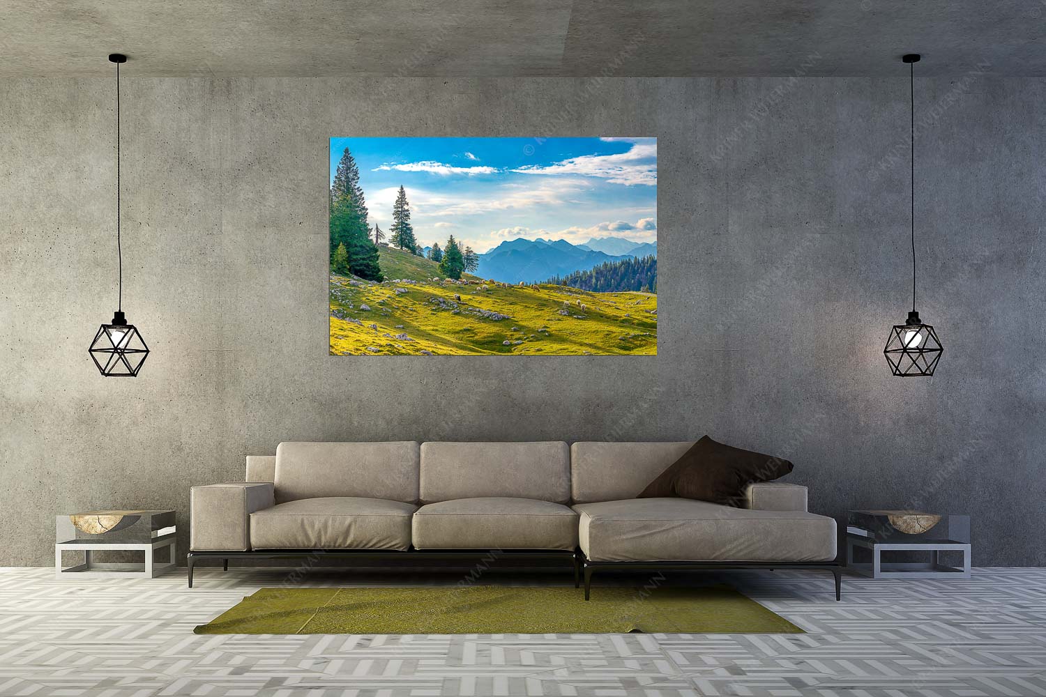 Kuhalmschaflan – Größe ca. 180x120cm, Seitenverhältnis 3:2 — Schafe auf der Kuhalm im Estergebirge Bergschafe mit Blick von der Kuhalm zum Soierngebirge - Kuhalmschaflan - Größe ca. 180x120cm, Seitenverhältnis 3:2 - Schafe auf der Kuhalm im Estergebirge - weitere Infos unter https://www.kriner-weiermann.de