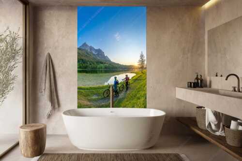 Sonnenuntergang am Ferchensee mit Blick zu den Wettersteinspitzen - Kurzes Innehalten - Größe ca. 160x240cm, Seitenverhältnis 2:3 - Fahrradfahren zum Ferchensee - weitere Infos unter https://www.kriner-weiermann.de