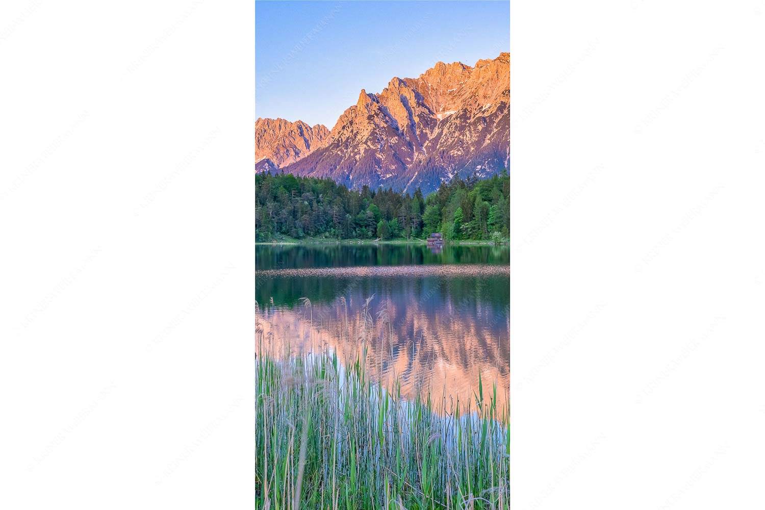 Lautersee Karwendel II – Seitenverhältnis 1:2 — Abendrot am Karwendel Blick über den Lautersee zum Abendrot am ´Karwendelgebirge