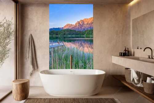 Blick über den Lautersee zum Abendrot am ´Karwendelgebirge - Lautersee Karwendel II - Wandbild - Größe ca. 160x240cm, Seitenverhältnis 2:3 - Abendrot am Karwendel - weitere Infos unter https://www.kriner-weiermann.de