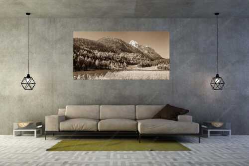 Blick über den Lautersee zum Grünkopf und der Unteren Wettersteinspitze - Lauterseeherbst - Größe ca. 200x100cm, Seitenverhältnis 2:1 - Harbst am Lautersee mit Wetterstein - weitere Infos unter https://www.kriner-weiermann.de