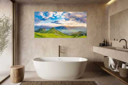 Blick am Seinskopf vorbei über das Obere Isartal zum Sonnenuntergang im Estergebirge - Letzte Sonnenstrahlen - Größe ca. 180x90cm, Seitenverhältnis 2:1 - Seinskopf Krün und Wallgau - weitere Infos unter https://www.kriner-weiermann.de