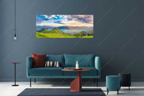 Blick am Seinskopf vorbei über das Obere Isartal zum Sonnenuntergang im Estergebirge - Letzte Sonnenstrahlen - Größe ca. 175x70cm, Seitenverhältnis 2,5:1 - Seinskopf Krün und Wallgau - weitere Infos unter https://www.kriner-weiermann.de