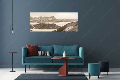 Blick aus dem Estergebirge über Nebelmeer und Wank zum Zugspitzmassiv - Letzter Blitzer - Größe ca. 175x70cm, Seitenverhältnis 2,5:1 - Zugspitze Sonnenuntergang - weitere Infos unter https://www.kriner-weiermann.de