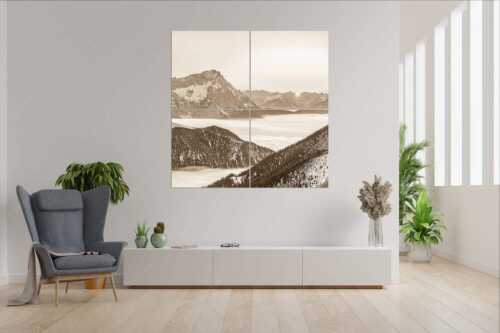 Blick aus dem Estergebirge über Nebelmeer und Wank zum Zugspitzmassiv - Letzter Blitzer - 4er Split, Größe ca. 180x180cm, Seitenverhältnis 1:1 - Zugspitze Sonnenuntergang - weitere Infos unter https://www.kriner-weiermann.de