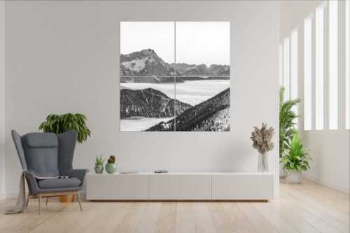 Blick aus dem Estergebirge über Nebelmeer und Wank zum Zugspitzmassiv - Letzter Blitzer - 4er Split, Größe ca. 180x180cm, Seitenverhältnis 1:1 - Zugspitze Sonnenuntergang - weitere Infos unter https://www.kriner-weiermann.de