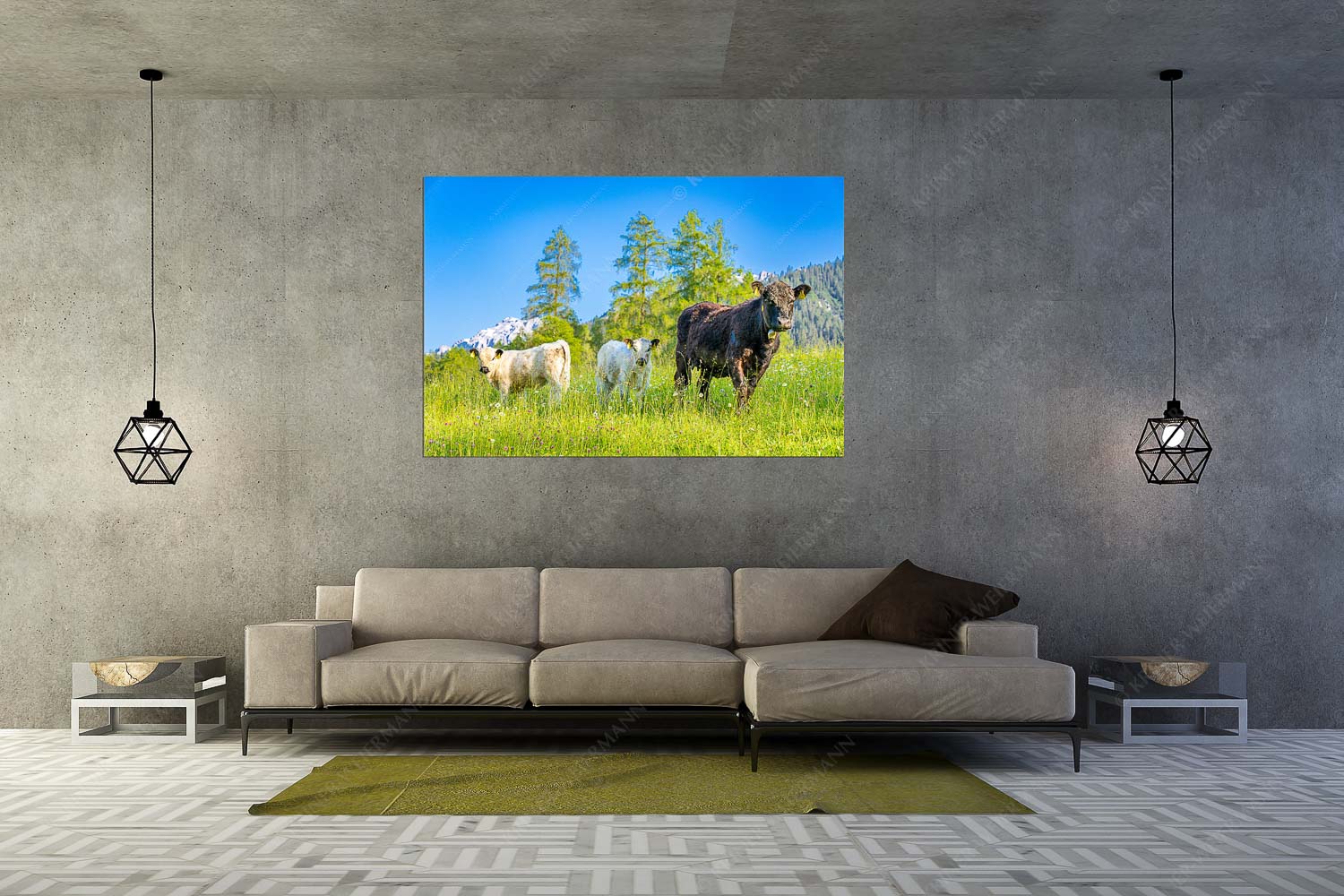Jungvieh in Leutasch mit Wetterstein im Hintergrund - Leutascher Weide II - Größe ca. 180x120cm, Seitenverhältnis 3:2 - Junge Kälber in Blumenwiese - weitere Infos unter https://www.kriner-weiermann.de