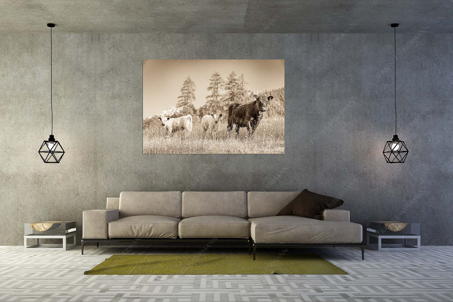Leutascher Weide II – Größe ca. 180x120cm, Seitenverhältnis 3:2 — Junge Kälber in Blumenwiese Jungvieh in Leutasch mit Wetterstein im Hintergrund - Leutascher Weide II - Größe ca. 180x120cm, Seitenverhältnis 3:2 - Junge Kälber in Blumenwiese - weitere Infos unter https://www.kriner-weiermann.de