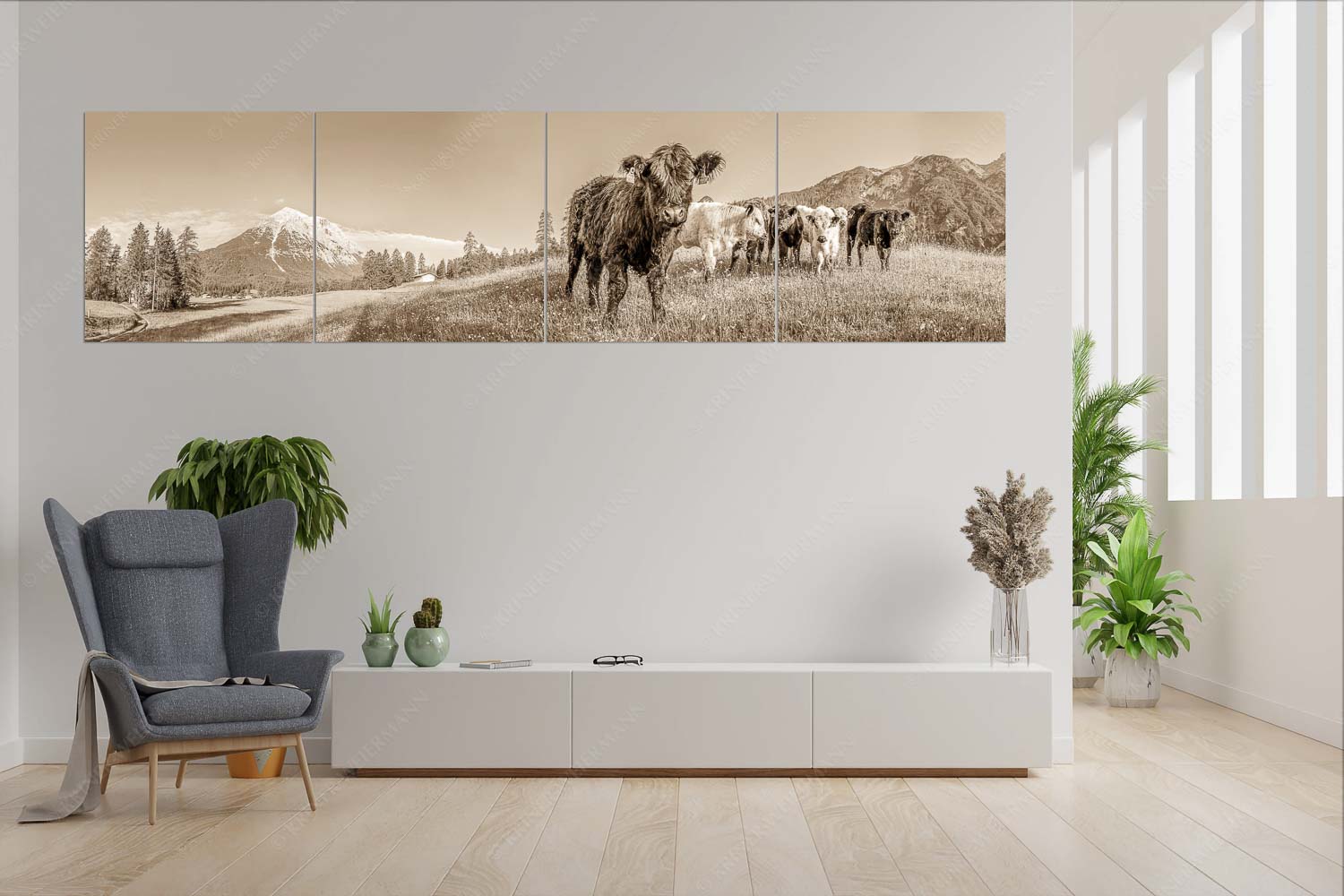 Jungvieh in Leutasch mit Hoher Munde in den Mieminger Bergen - Leutascher Weide - 4er Split, Größe ca. 280x70cm, Seitenverhältnis 4:1 - Junge Kälber mit Hoher Munde - weitere Infos unter https://www.kriner-weiermann.de