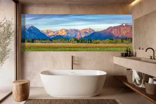 Blick von Murnau durchs Loisachtal zum Wettersteinmassiv mit Alpspitze und Zugspitze - Loisachtal - Wandbild - Größe ca. 300x100cm, Seitenverhältnis 3:1 - Murnau bis zum Wetterstein - weitere Infos unter https://www.kriner-weiermann.de