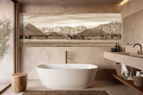 Blick von Murnau durchs Loisachtal zum Wettersteinmassiv mit Alpspitze und Zugspitze - Loisachtal - Wandbild - Größe ca. 300x100cm, Seitenverhältnis 3:1 - Murnau bis zum Wetterstein - weitere Infos unter https://www.kriner-weiermann.de