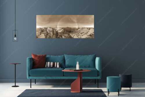 Kletterer am Zugspitzgipfel. Blick über Gipfel und Jubiläumsgrat zur Alpspitze im Wettersteingebirge - Magie - Größe ca. 175x70cm, Seitenverhältnis 2,5:1 - Klettern an der Zugspitze - weitere Infos unter https://www.kriner-weiermann.de