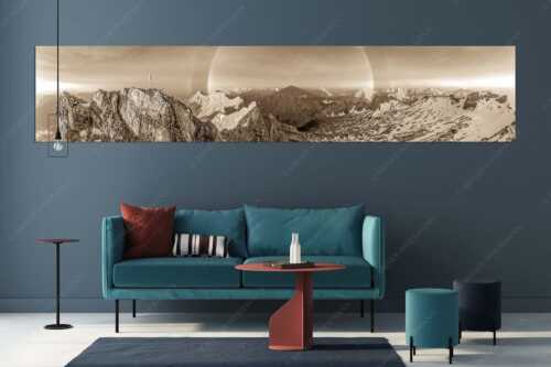 Kletterer am Zugspitzgipfel. Blick über Gipfel und Jubiläumsgrat zur Alpspitze im Wettersteingebirge - Magie - Größe ca. 350x70cm, Seitenverhältnis 5:1 - Klettern an der Zugspitze - weitere Infos unter https://www.kriner-weiermann.de