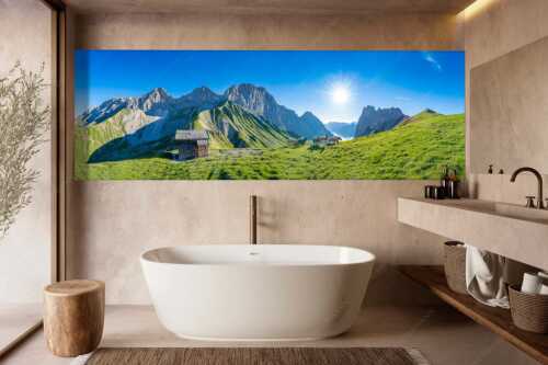 Bergschafe an der Erinnerungshütte am Scharnitzjoch im Wettersteingebirge - Malerische Sommerweide - Größe ca. 300x100cm, Seitenverhältnis 3:1 - Schafe Erinnerungshütte Wetterstein - weitere Infos unter https://www.kriner-weiermann.de