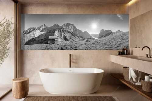 Bergschafe an der Erinnerungshütte am Scharnitzjoch im Wettersteingebirge - Malerische Sommerweide - Größe ca. 300x100cm, Seitenverhältnis 3:1 - Schafe Erinnerungshütte Wetterstein - weitere Infos unter https://www.kriner-weiermann.de