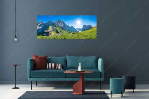 Bergschafe an der Erinnerungshütte am Scharnitzjoch im Wettersteingebirge - Malerische Sommerweide - Größe ca. 175x70cm, Seitenverhältnis 2,5:1 - Schafe Erinnerungshütte Wetterstein - weitere Infos unter https://www.kriner-weiermann.de