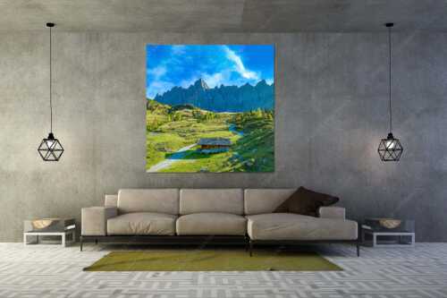Blick über die Ladizalm zur Lalidererspitze im Karwendelgebirge - Malerisches Karwendel - Größe ca. 160x160cm, Seitenverhältnis 1:1 - Ladizalm im Karwendel - weitere Infos unter https://www.kriner-weiermann.de