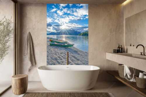 Südliches Flair verbreitet sich bei einer Abendstimmung am Walchenseeufer bei Niedernach - Mediterran - Größe ca. 160x240cm, Seitenverhältnis 2:3 - Fischerboote am Walchensee - weitere Infos unter https://www.kriner-weiermann.de