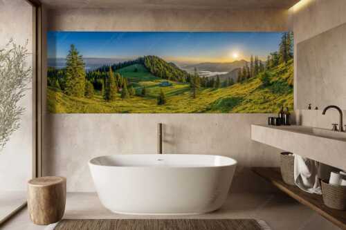 Herrlicher Sonnenaufgang auf der Kaseralm mit Blick auf den Kochelsee - Morgensymphonie - Größe ca. 300x100cm, Seitenverhältnis 3:1 - Kaseralm unter Heimgarten - weitere Infos unter https://www.kriner-weiermann.de