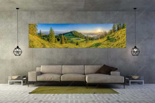 Sonnenaufgang bei der Kaseralm über Kochelsee - Morgensymphonie - Wandbild - Größe ca. 320x80cm, Seitenverhältnis 4:1 - Kaseralm unter Heimgarten - weitere Infos unter https://www.kriner-weiermann.de