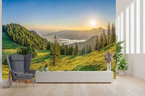 Sonnenaufgang bei der Kaseralm über Kochelsee - Morgensymphonie - Fototapete - Größe ca. 300x200cm, Seitenverhältnis 3:2 - Kaseralm unter Heimgarten - weitere Infos unter https://www.kriner-weiermann.de