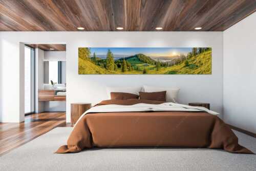 Sonnenaufgang bei der Kaseralm über Kochelsee - Morgensymphonie - Wandbild - Größe ca. 300x60cm, Seitenverhältnis 5:1 - Kaseralm unter Heimgarten - weitere Infos unter https://www.kriner-weiermann.de