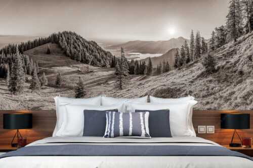 Herrlicher Sonnenaufgang auf der Kaseralm mit Blick auf den Kochelsee - Morgensymphonie - Größe ca. 350x140cm, Seitenverhältnis 2,5:1 - Kaseralm unter Heimgarten - weitere Infos unter https://www.kriner-weiermann.de