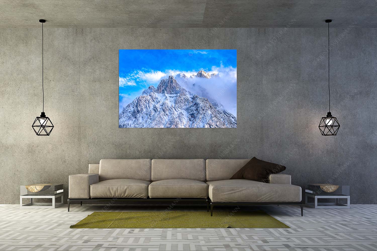 Blick von Mittenwald auf Viererspitze, Karwendelköpfe und Koflerturm im Nebel - Nebelreissen am Kofler - Größe ca. 180x120cm, Seitenverhältnis 3:2 - Viererspitze bei Mittenwald - weitere Infos unter https://www.kriner-weiermann.de